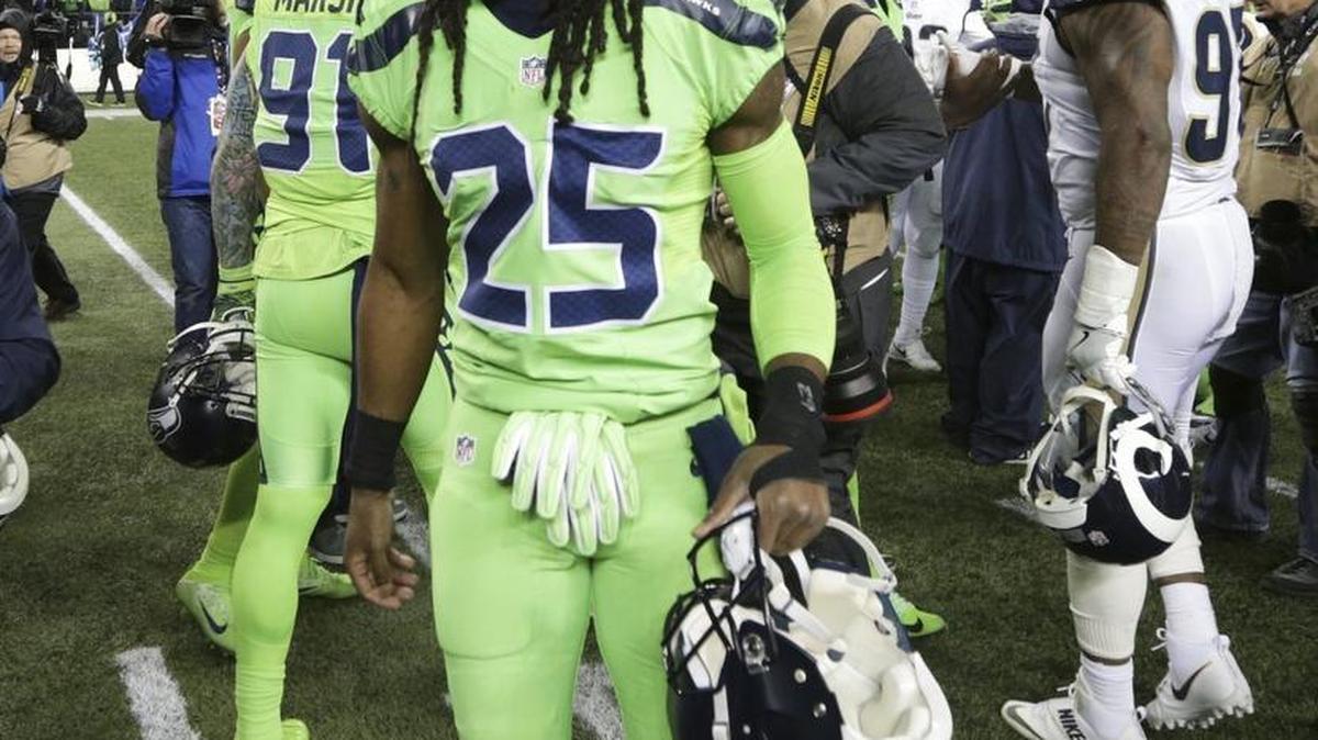 Seattle cornerback Richard Sherman walks off the field after the Seahawks’ 24-3 victory over Los Angeles on Thursday. Are Sherman’s tantrums becoming a distraction?