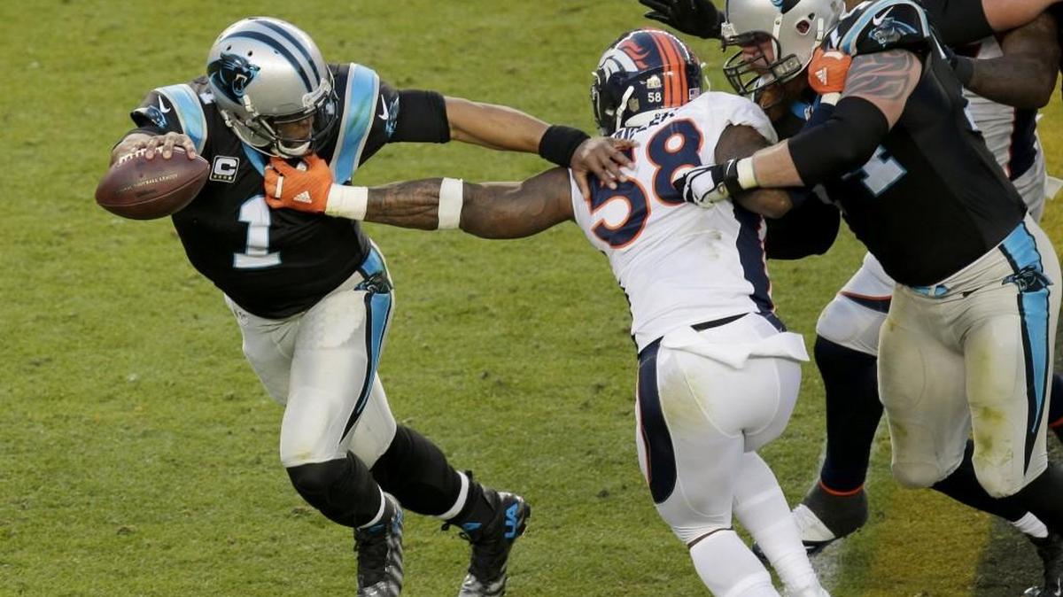 If the Carolina offensive line had found a way to stop the Denver Broncos’ Von Miller (58) during Sunday’s Super Bowl in Santa Clara, Calif., then maybe quarterback Cam Newton (1) wouldn’t have to deal with not jumping on a loose ball.