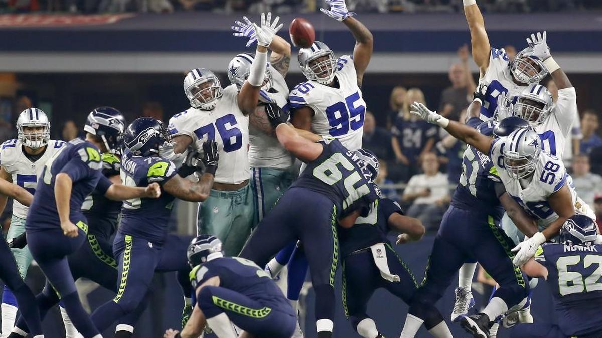 Dallas Cowboys defensive tackle David Irving (95) gets up to block a field goal by Seattle Seahawks kicker Steven Hauschka (4) during the second half on Sunday, Nov. 1, 2015, at AT&T Stadium in Arlington, Texas.