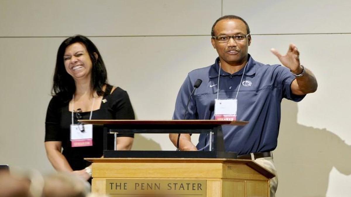Former Seahawks running back Curt Warner shares stories about his family’s experiences with autism for the closing address at the National Autism Conference in August 2013 in State College, Pa. Curt was joined by his wife, Ana, and oldest son, Jonathan, as they talked about the family’s twins, Austin and Christian, who have autism.