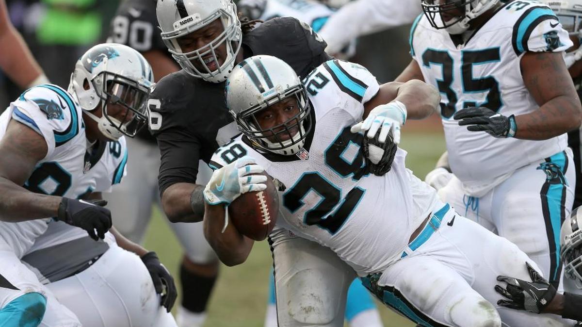 Carolina Panthers running back Jonathan Stewart is tackled at the goal line last week by Daren Bates during action in an NFL game against the Oakland Raiders at the Oakland Coliseum in Oakland, CA. The Raiders won 35-32.