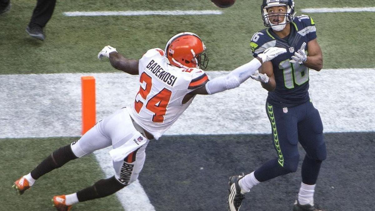 Seahawks receiver Tyler Lockett, right, catches a pass for a touchdown against Cleveland in December. Seattle’s decision to move up to the third round in the 2015 draft and select the Kansas State product turned out to be a wise decision.