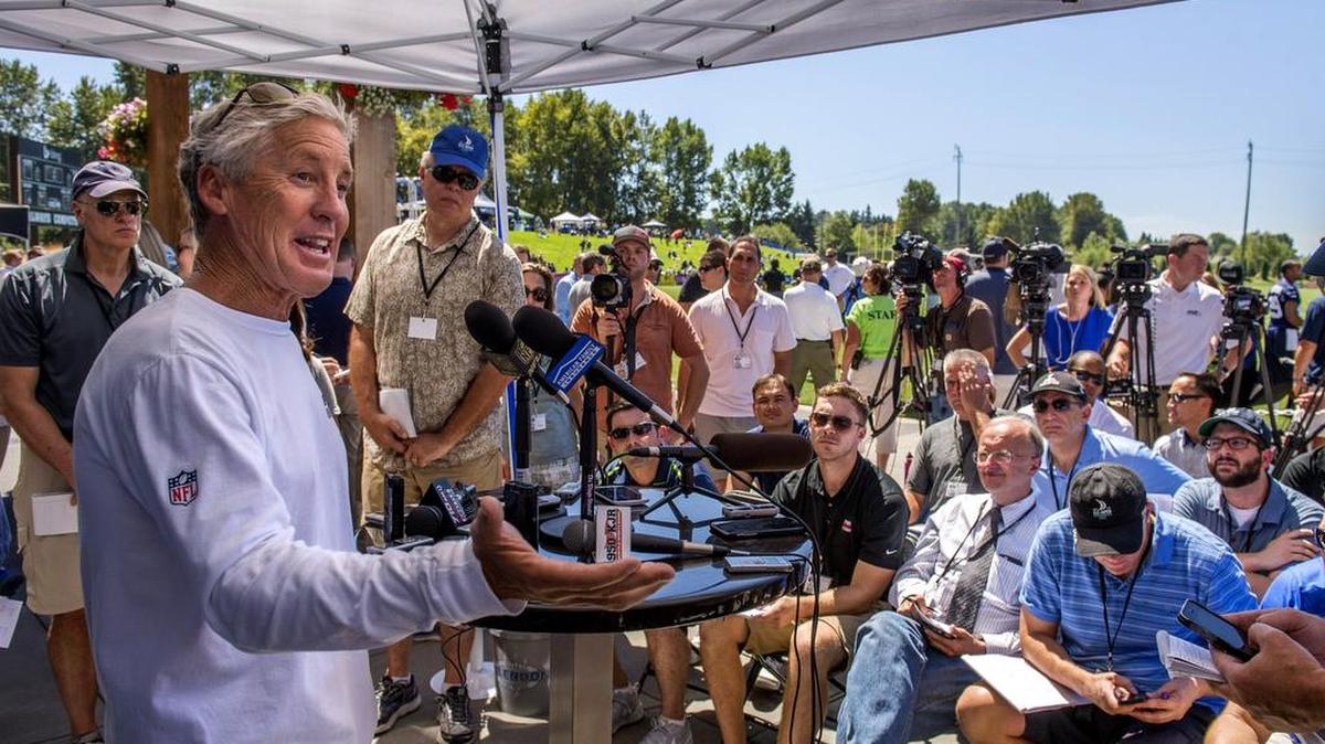 
Head coach Pete Carroll talked extensively with reporters at the end of Seahawks training camp at the VMAC in Renton on Friday. 
