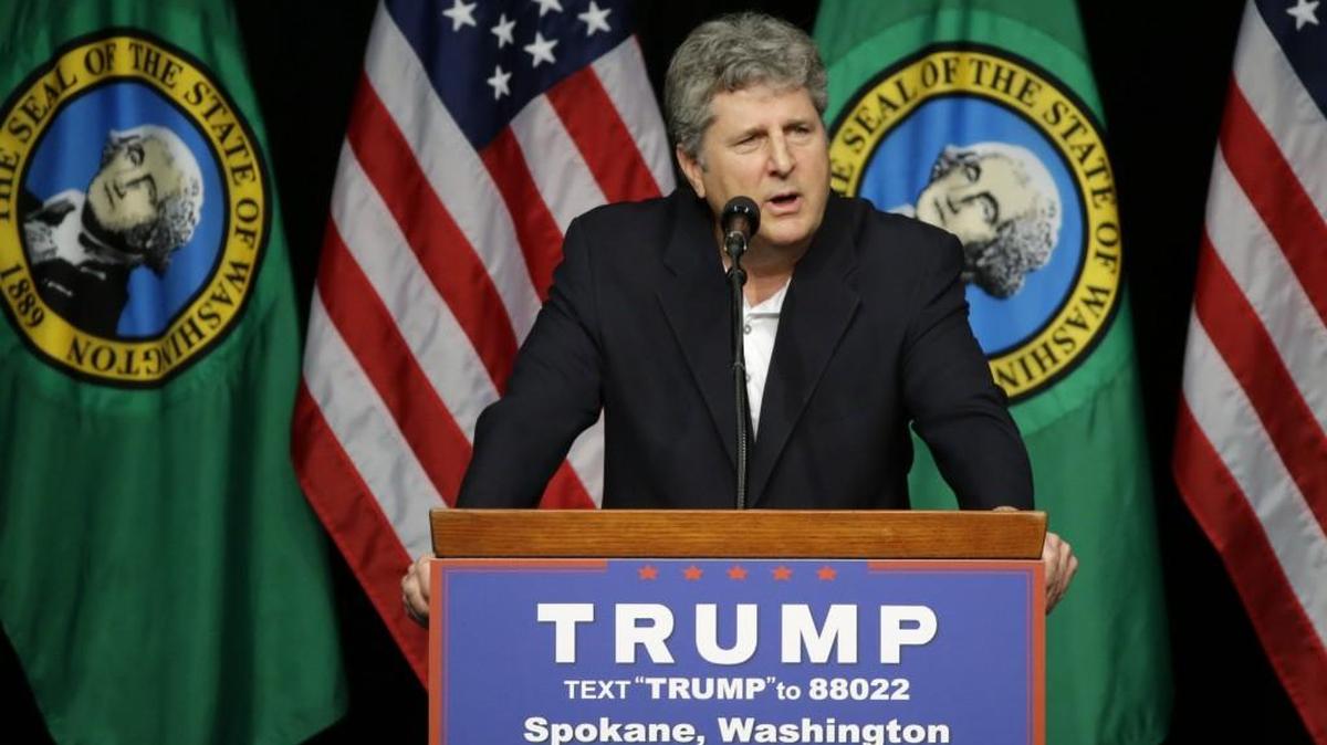 Mike Leach head football coach at Washington State University, speaks in support of Republican presidential candidate Donald Trump during a rally in Spokane on Saturday.