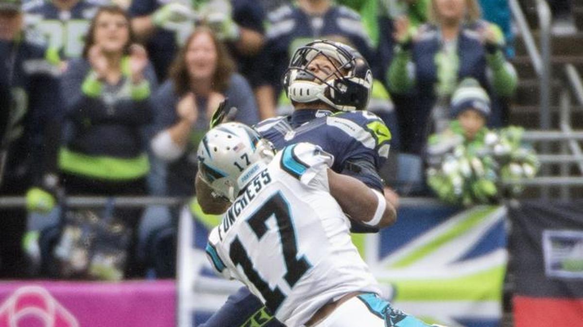 
Seahawks safety Earl Thomas breaks up a pass intended for Panthers wide receiver Devin Funchess on Sunday. The Seattle defense has struggled mightily in the fourth quarter this season, giving up 55 points in just six games.
