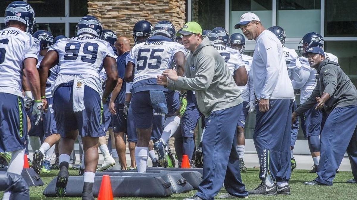 Seahawks coaches encourage players Wednesday during agility drills at the Virginia Mason Athletic Center, the Seattle Seahawks training facility, in Renton during practice.