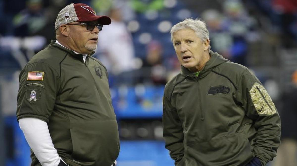 Arizona coach Bruce Arians, left, and Seattle coach Pete Carroll have said they will not rest key players in preparation for the playoffs when the teams meet Sunday in Glendale, Arizona.