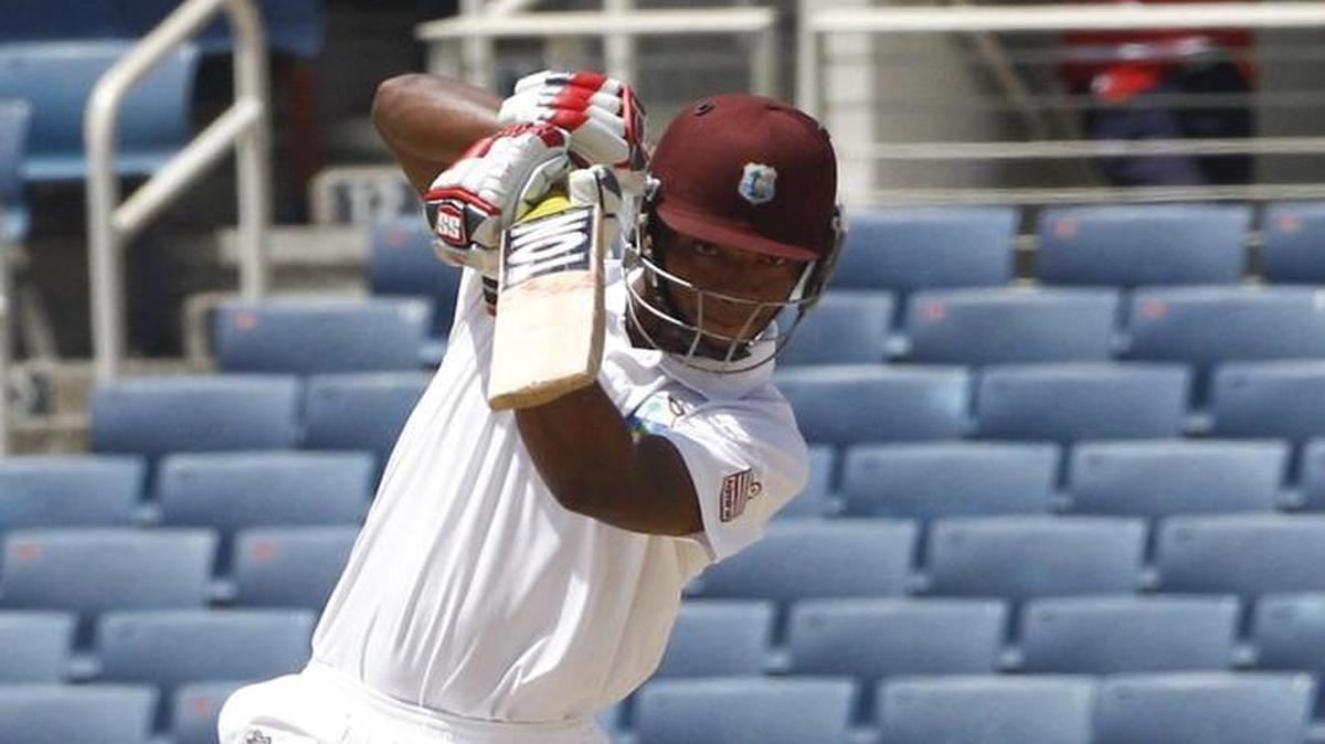 West Indies’ opening batsman Kieran Powell plays a shot off New Zealand’s Tim Southee on the third day of their first cricket Test match against West Indies in Kingston, Jamaica, Tuesday, June 10, 2014.