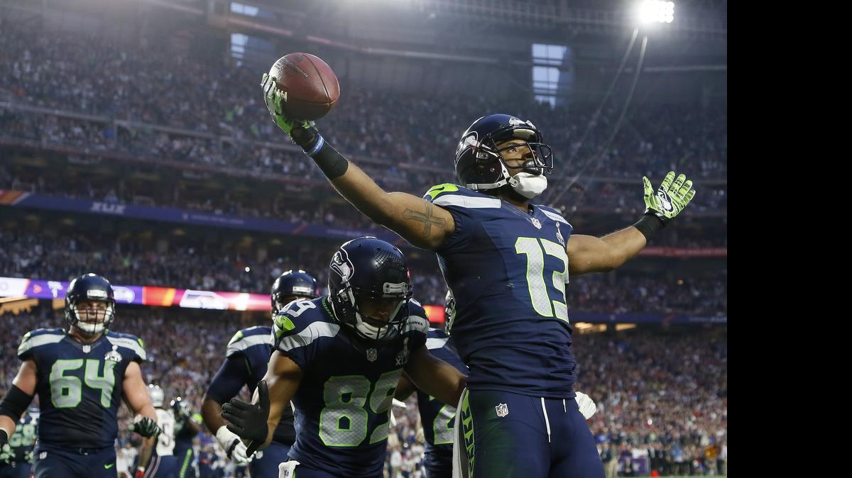 
Seahawks wide receiver Chris Matthews (13) celebrates his touchdown catch during Super Bowl 49 earlier this year.
