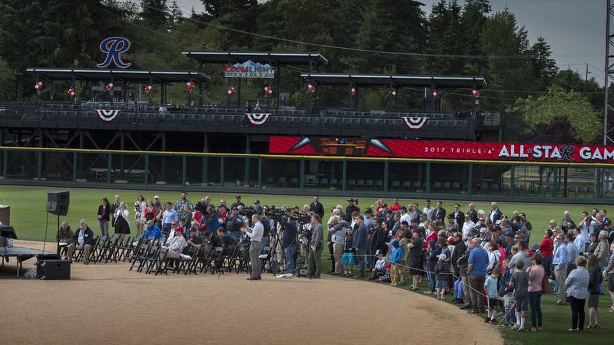 Tacoma Rainier owner Mikal Thomsen addresses the crowd at Cheney Stadium on Wednesday, officially announcing the Triple-A All-Star Game would be held in Tacoma in 2017. It will be the first time the game will be held in Tacoma.