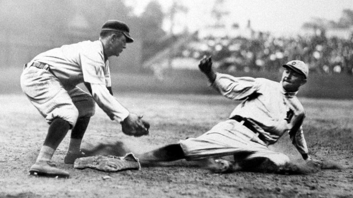 Detroit Tigers great Ty Cobb, right, is shown sliding in this undated photo.