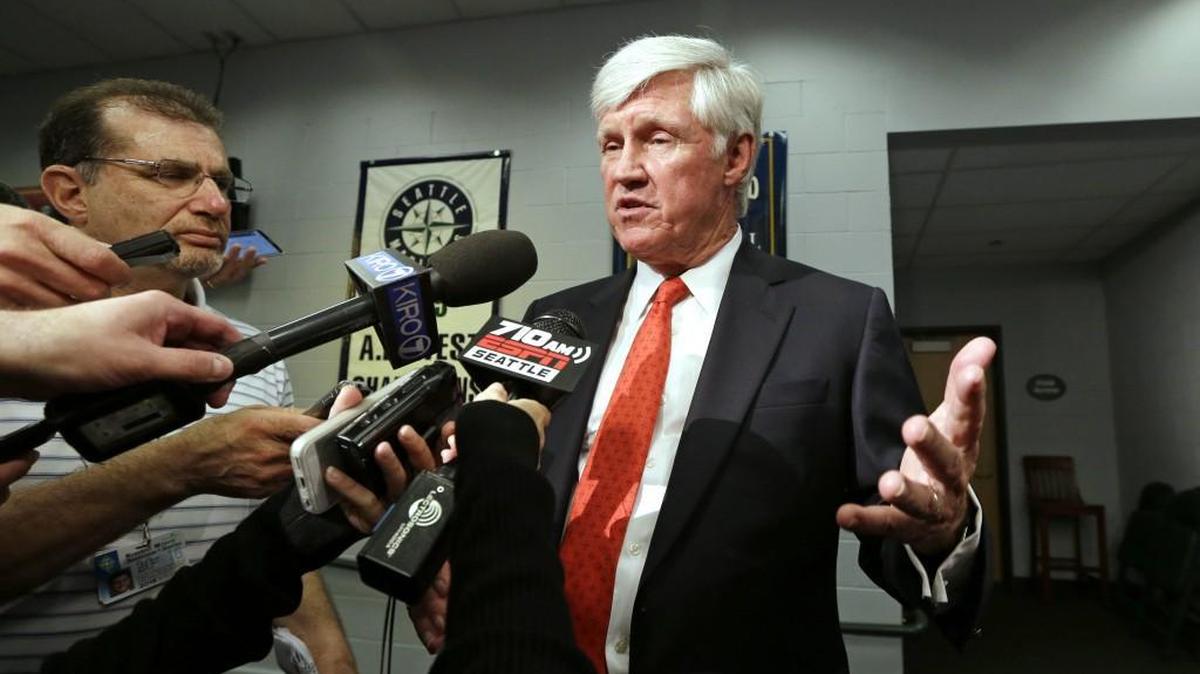 John Stanton, who would become the Seattle Mariners' chairman and chief executive officer, speaks with media members following a news conference Wednesday, April 27, 2016, in Seattle.