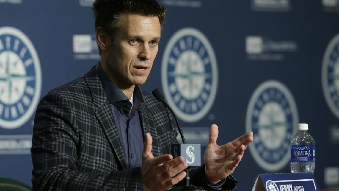 Seattle Mariners general manager Jerry Dipoto talks to reporters Thursday, Jan. 28, 2016 in Seattle.