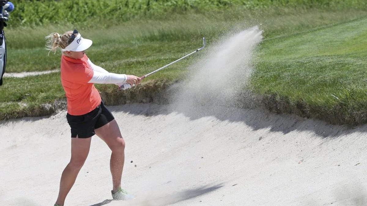 Jacqui Concolino hits from a bunker on the 17th hole of the final round of the ShopRite LPGA Classic golf tournament on June 5.