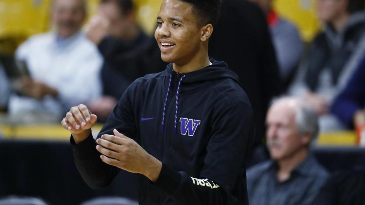 Washington guard Markelle Fultz looks for a pass from a teammate as they warm up before facing Colorado this past Thursday. Fultz, projected as a top pick in this year's NBA draft, is sitting out the game.