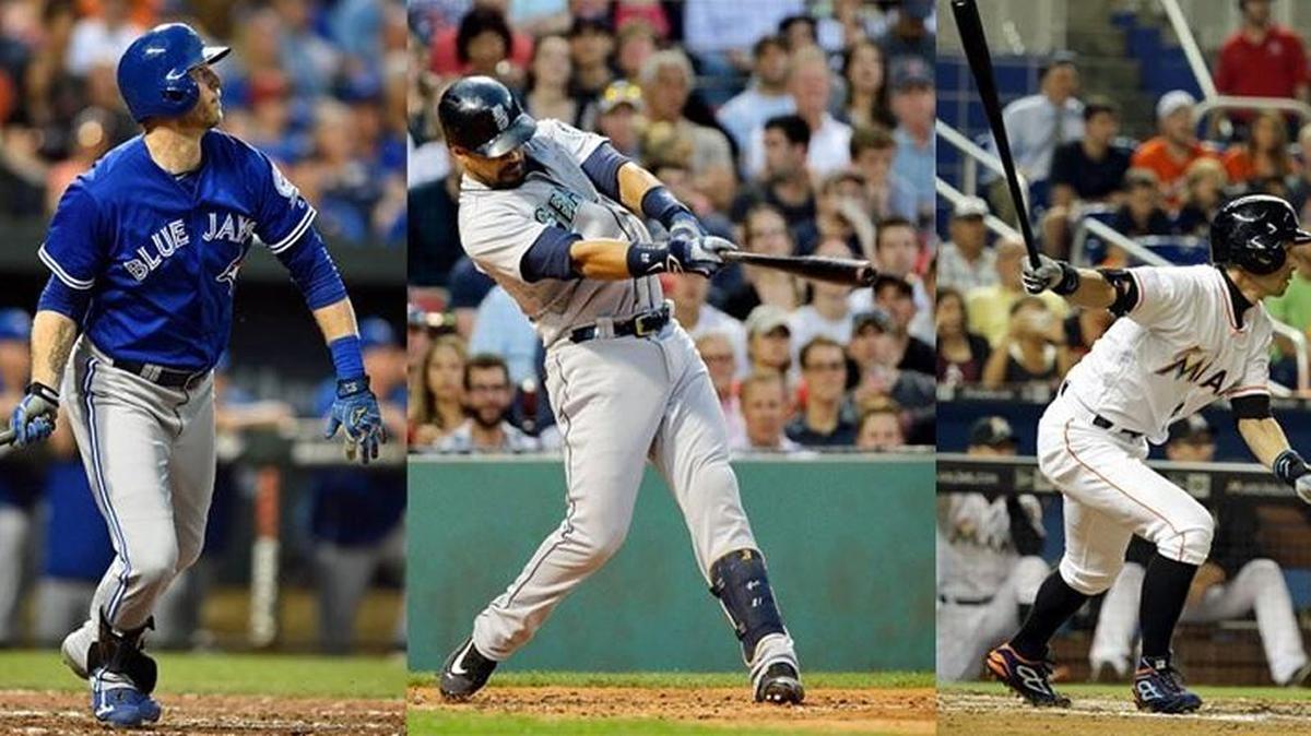 Toronto’s Michael Saunders, left, Seattle’s Franklin Gutierrez, center, and Miami’s Ichiro Suzuki all played together in the Mariners outfield from 2009-2012.