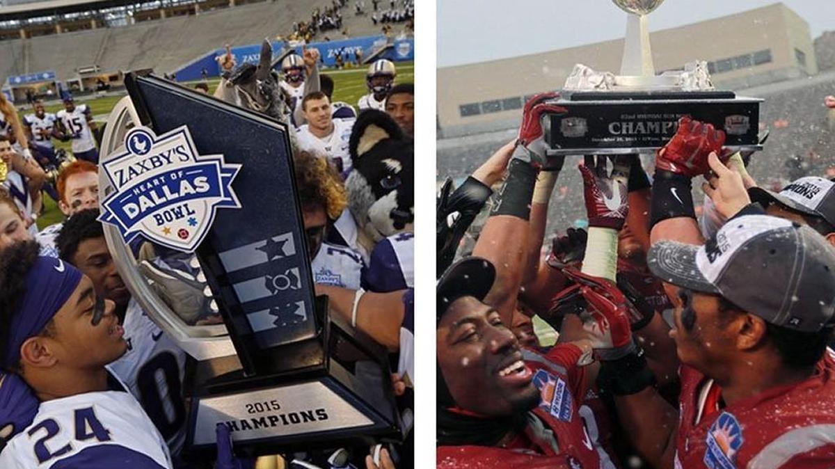 Washington Huskies players, left, and Washington State Cougars players, right, celebrate their wins in the Heart of Dallas Bowl and Sun Bowl, respectively.